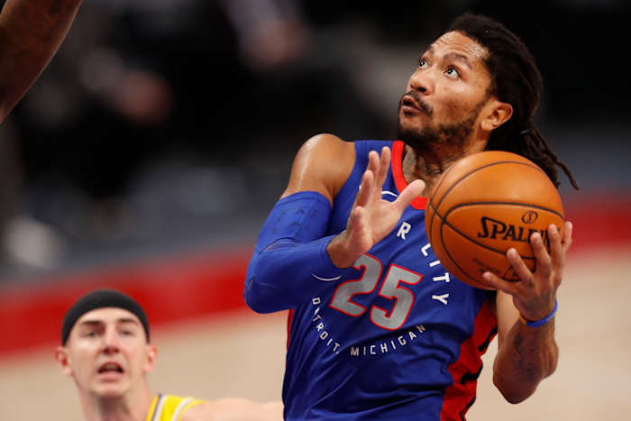 Jan 28, 2021; Detroit, Michigan, USA; Detroit Pistons guard Derrick Rose (25) goes up for a shot during the fourth quarter against the Los Angeles Lakers at Little Caesars Arena. Mandatory Credit: Raj Mehta-USA TODAY Sports